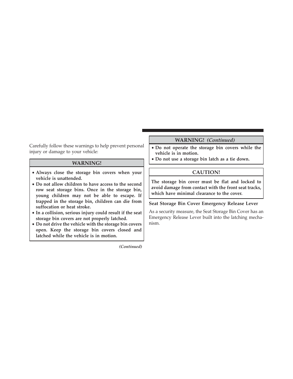 Storage bin safety warning, Seat storage bin cover emergency release lever | Ram Trucks 2013 С/V - Owner Manual User Manual | Page 286 / 700