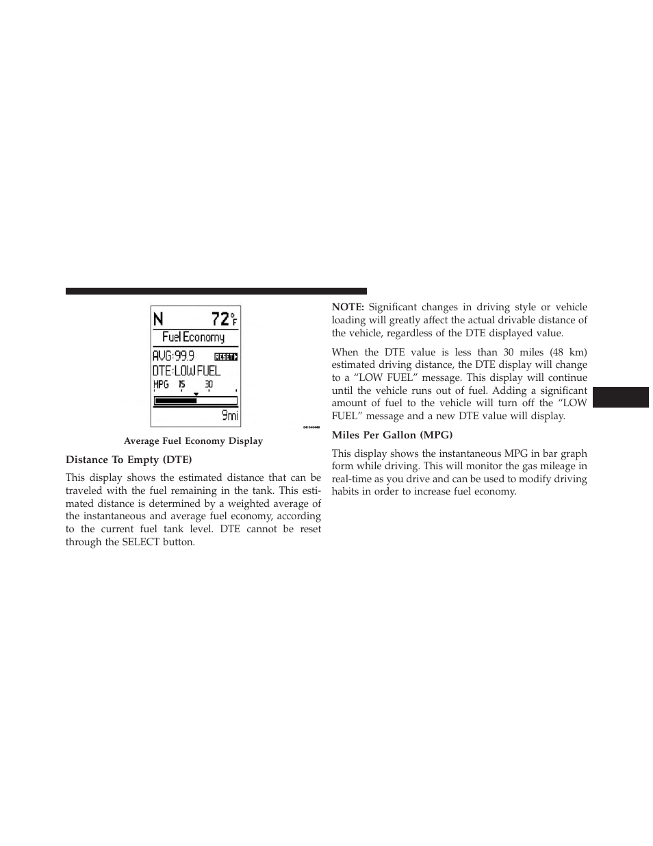 Distance to empty (dte), Miles per gallon (mpg) | Ram Trucks 2013 С/V - Owner Manual User Manual | Page 343 / 700