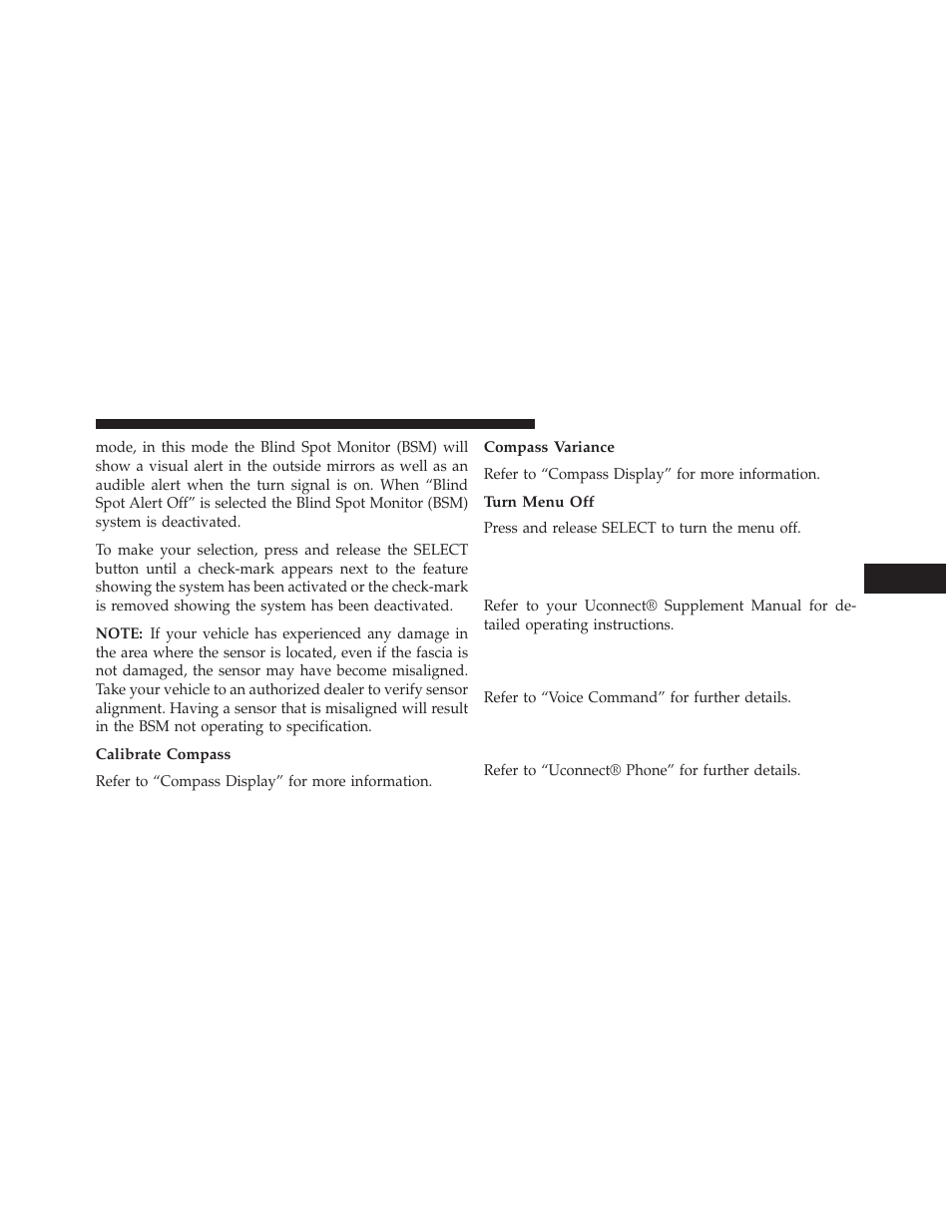 Calibrate compass, Compass variance, Turn menu off | Uconnect® 730n/430/430n cd/dvd/hdd, Nav — if equipped, Operating instructions (voice command, System) — if equipped, Operating instructions (uconnect® phone), If equipped | Ram Trucks 2013 С/V - Owner Manual User Manual | Page 355 / 700
