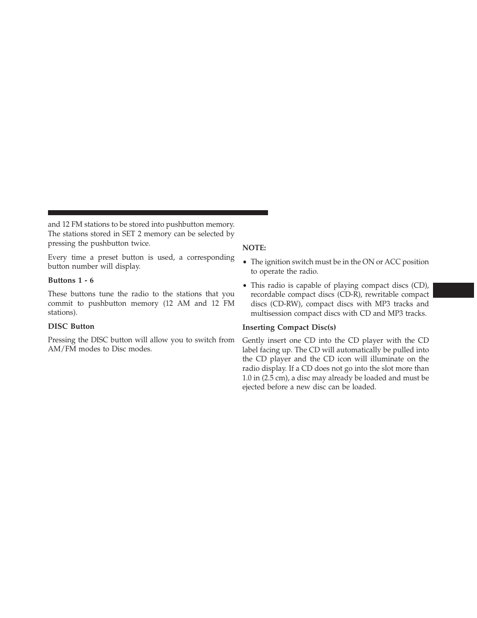 Buttons 1 - 6, Disc button, Inserting compact disc(s) | Operation instructions — cd mode for, Cd and mp3 audio play | Ram Trucks 2013 С/V - Owner Manual User Manual | Page 359 / 700