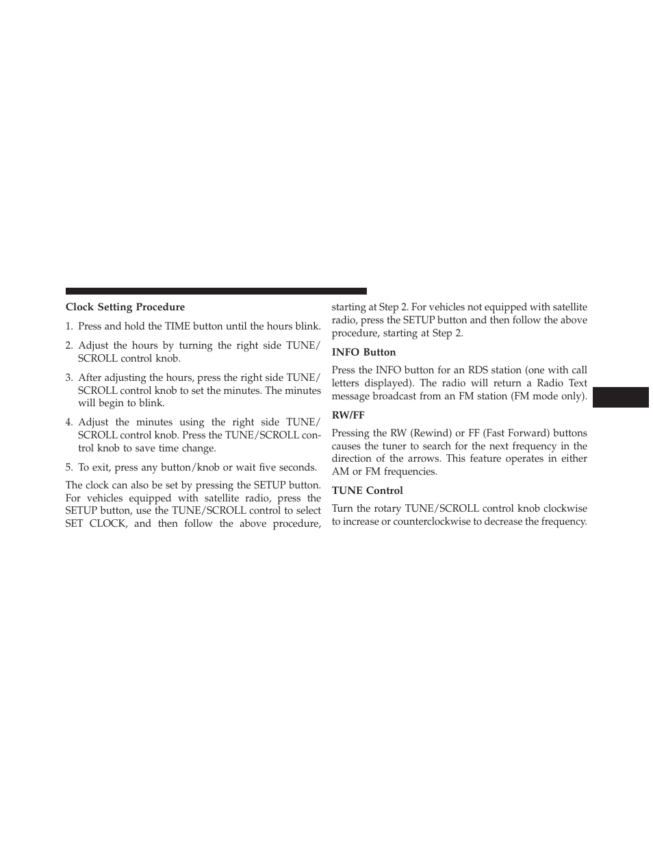 Clock setting procedure, Info button, Rw/ff | Tune control | Ram Trucks 2013 С/V - Owner Manual User Manual | Page 367 / 700