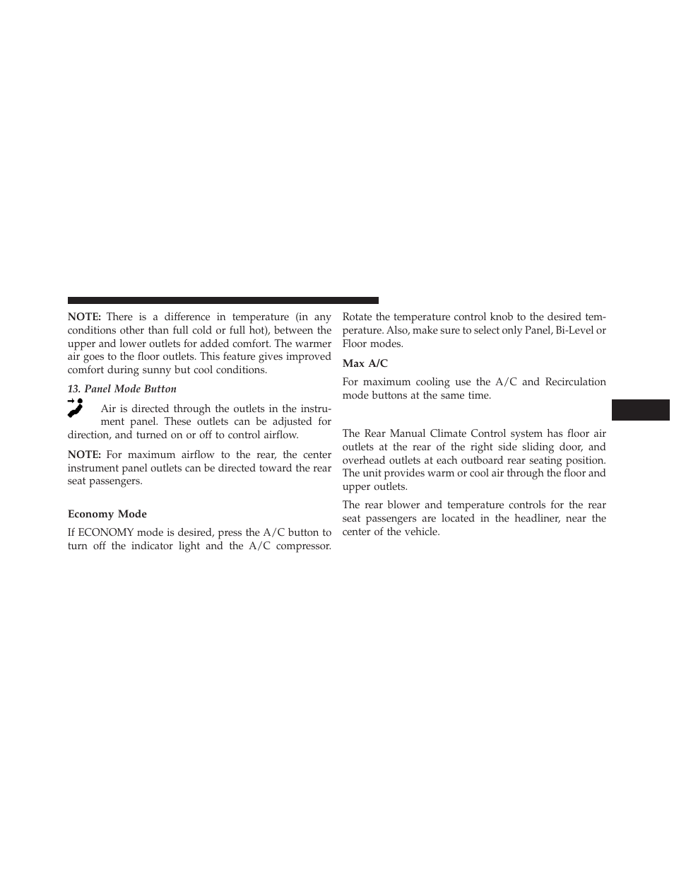 Economy mode, Max a/c, Rear manual climate control — if equipped | Rear manual climate control, If equipped | Ram Trucks 2013 С/V - Owner Manual User Manual | Page 445 / 700