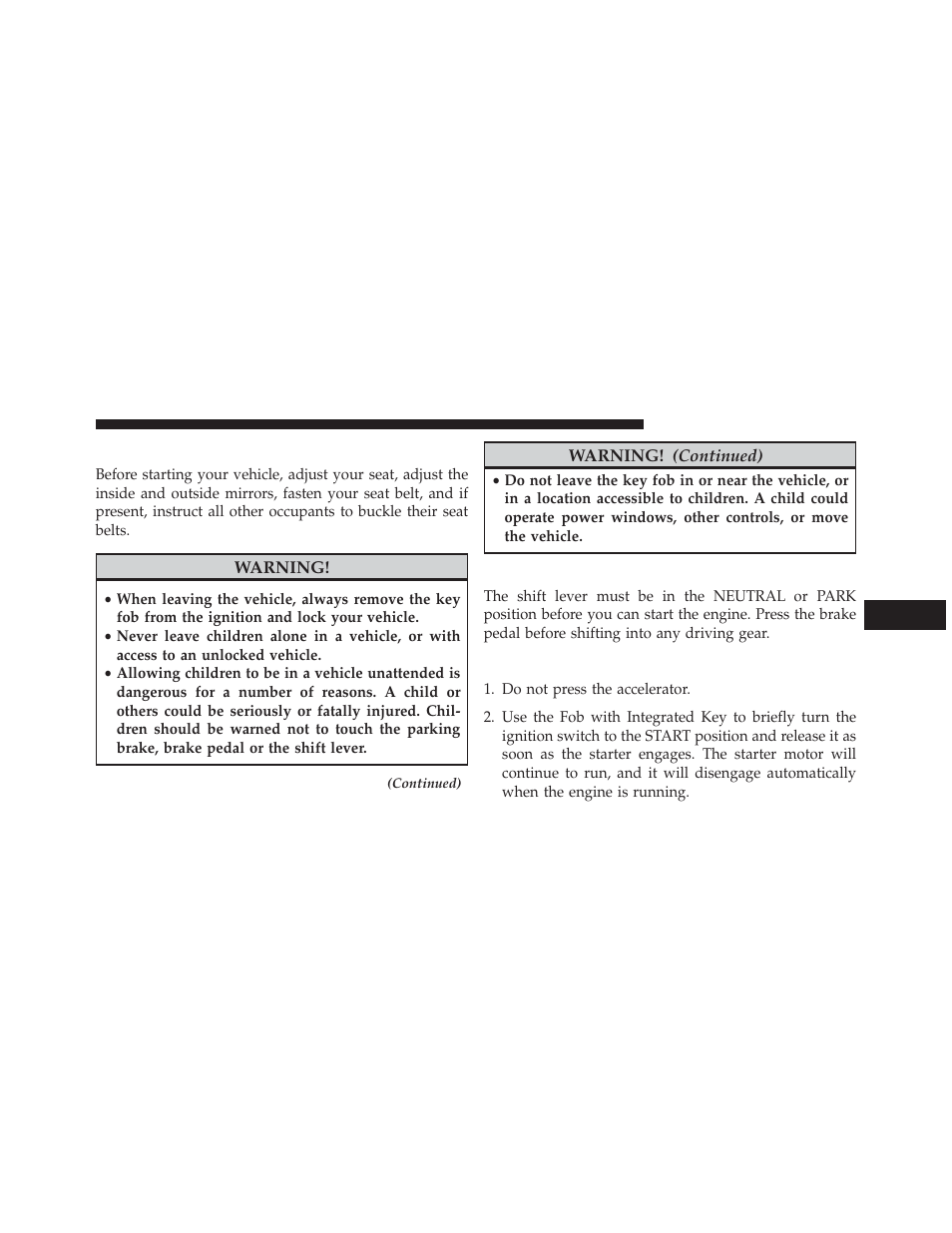 Starting procedures, Automatic transmission, Normal starting | Ram Trucks 2013 С/V - Owner Manual User Manual | Page 467 / 700