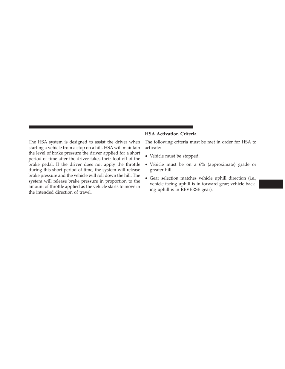 Hill start assist (hsa), Hsa activation criteria | Ram Trucks 2013 С/V - Owner Manual User Manual | Page 501 / 700