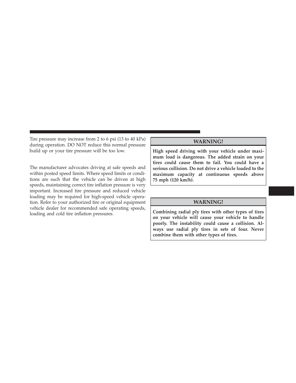 Tire pressures for high speed operation, Radial ply tires | Ram Trucks 2013 С/V - Owner Manual User Manual | Page 519 / 700