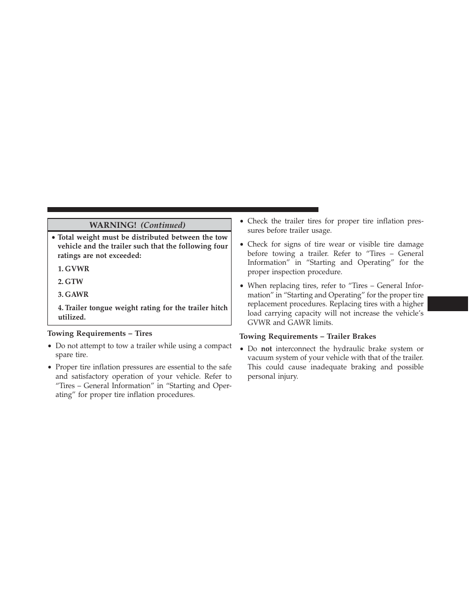Towing requirements – tires, Towing requirements – trailer brakes | Ram Trucks 2013 С/V - Owner Manual User Manual | Page 563 / 700