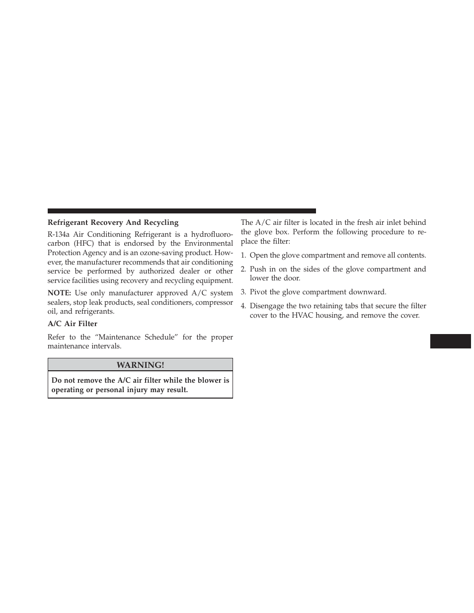 Refrigerant recovery and recycling, A/c air filter | Ram Trucks 2013 С/V - Owner Manual User Manual | Page 621 / 700
