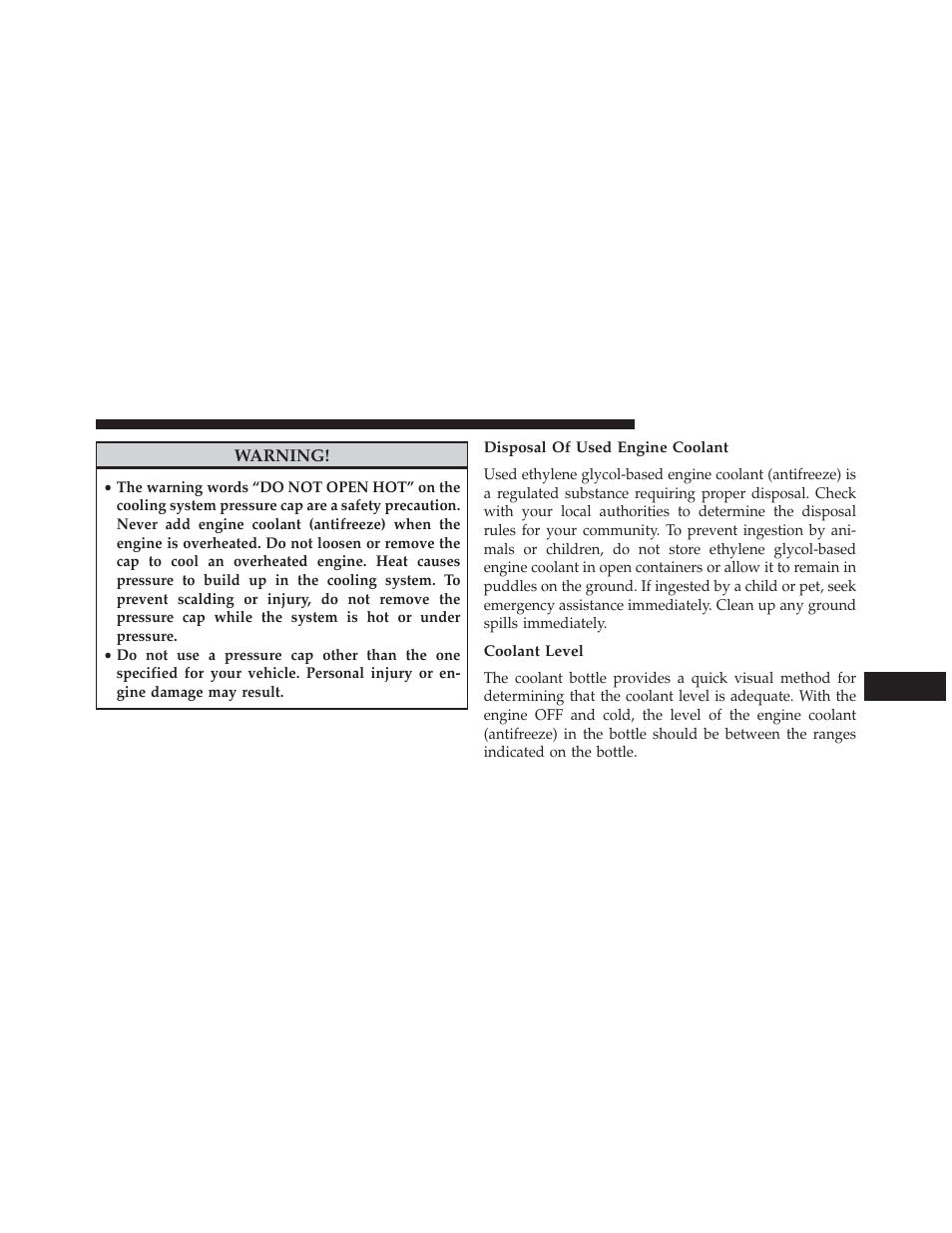 Disposal of used engine coolant, Coolant level | Ram Trucks 2013 С/V - Owner Manual User Manual | Page 629 / 700