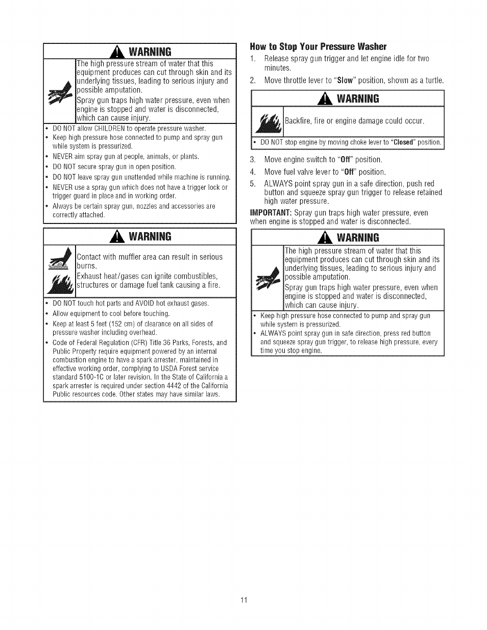 A warming, How to stop your pressure washer, A warning | Craftsman 580.752300 User Manual | Page 11 / 60