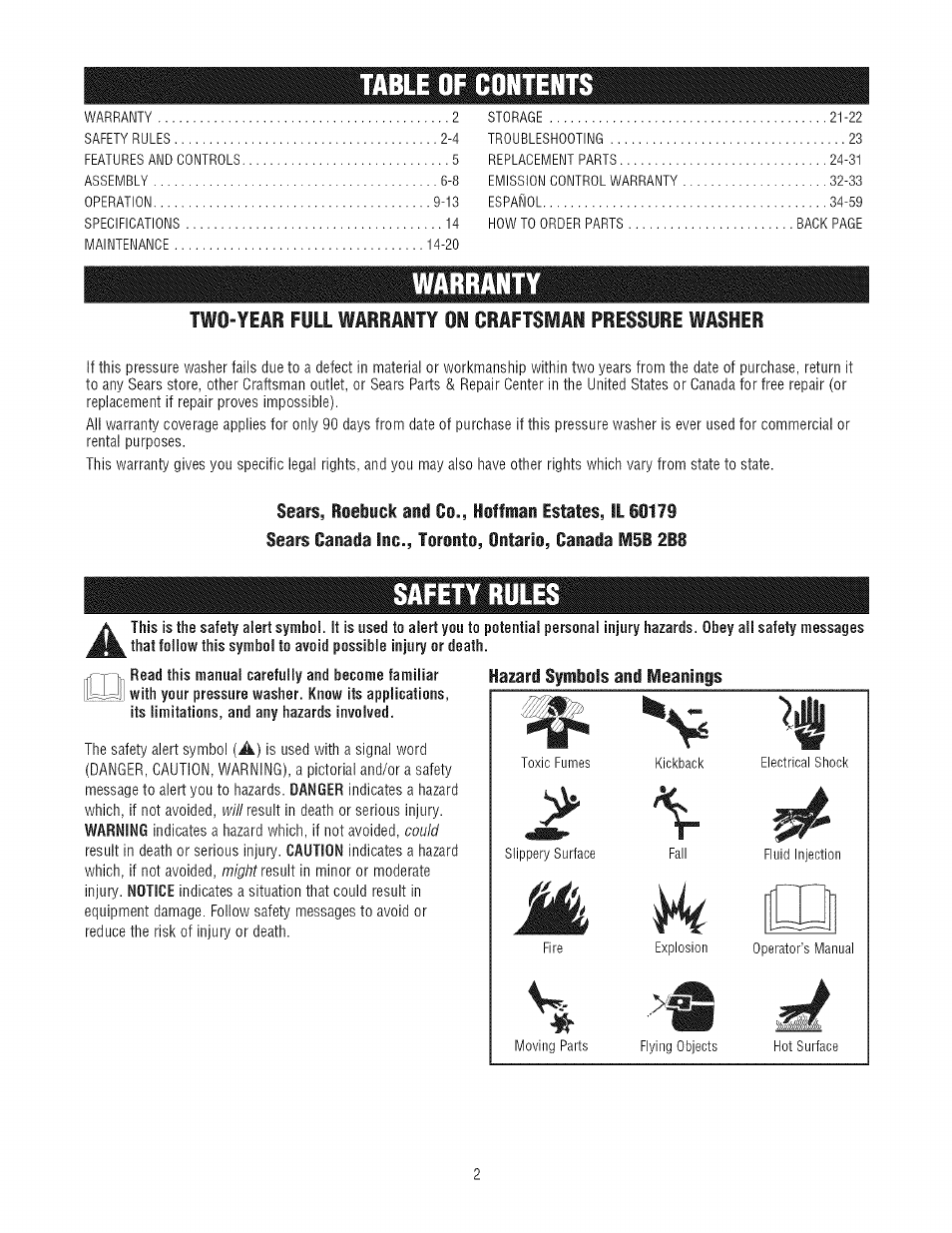 Jabte of contents, Safety rules, Hazard symbols and meanings | Craftsman 580.752300 User Manual | Page 2 / 60