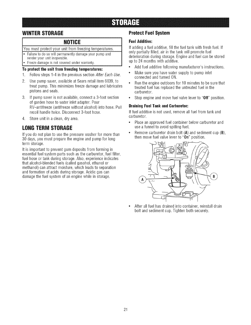 Storage, Winter storage, Long term storage | Craftsman 580.752300 User Manual | Page 21 / 60