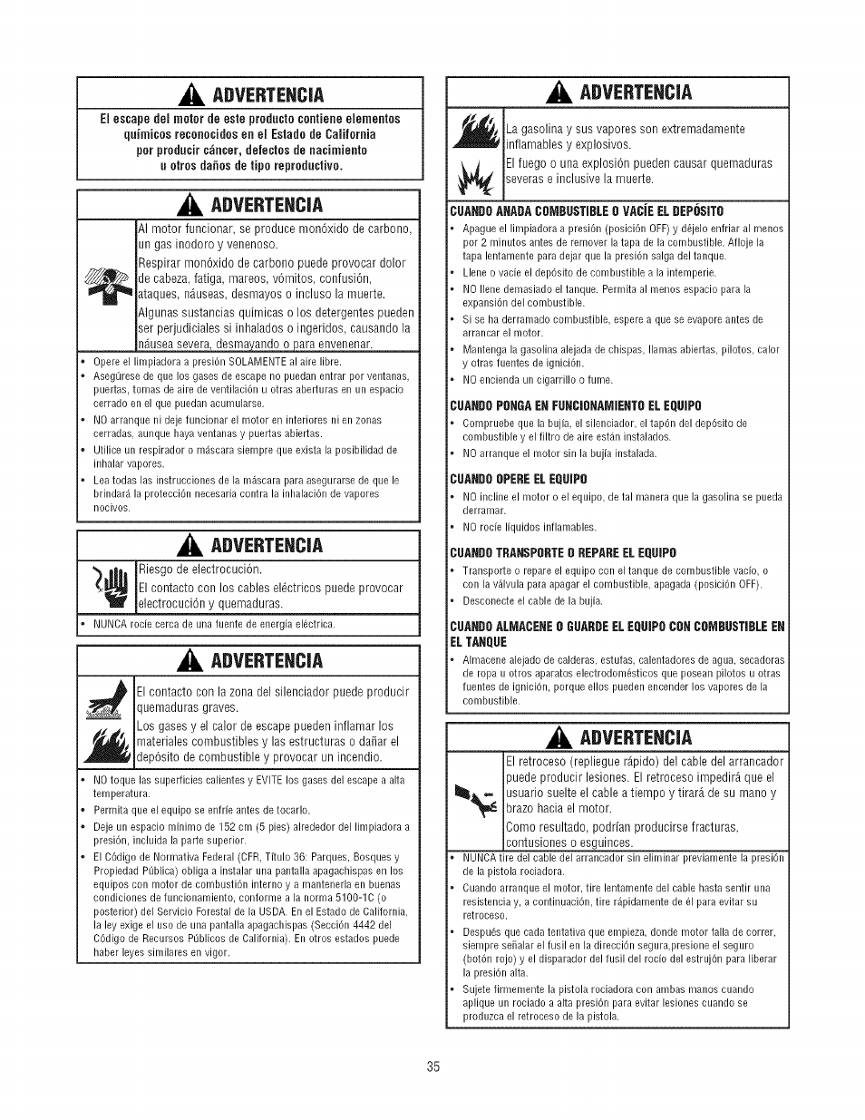 A advertencia, Advertencia | Craftsman 580.752300 User Manual | Page 35 / 60