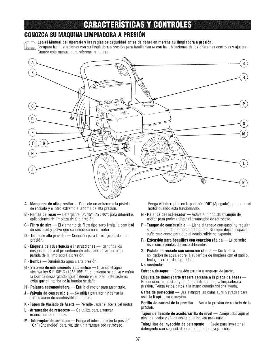 Conozca su maquina limpiadora a presion, Caracteristicas y controles, Conozca su maquina limpiadora a | Craftsman 580.752300 User Manual | Page 37 / 60