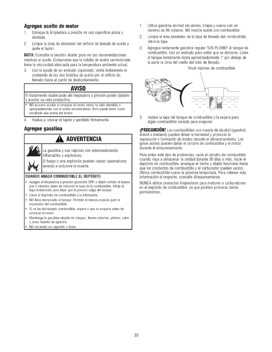 Precaucion | Craftsman 580.752300 User Manual | Page 39 / 60