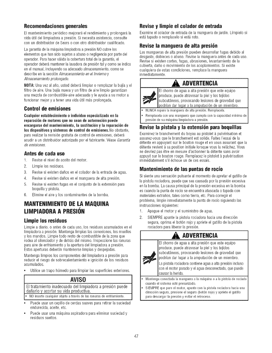 Antes de cada uso, Mantenimiento de la maquina, Limpiadora a presión | Limpie ios residuos, Aviso, Revise y limpie el colador de entrada, Revise ia manguera de alta presión, Revise la pistola y ia extensión para boquillas, Mantenimiento de las puntas de rocío, Recinieniiaoiciiies generales | Craftsman 580.752300 User Manual | Page 47 / 60