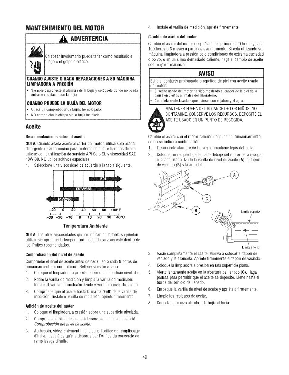 A adïertenciâ, A¥iso, Mantenimielito del motor | Aoeile, Temperatura ambiente | Craftsman 580.752300 User Manual | Page 49 / 60