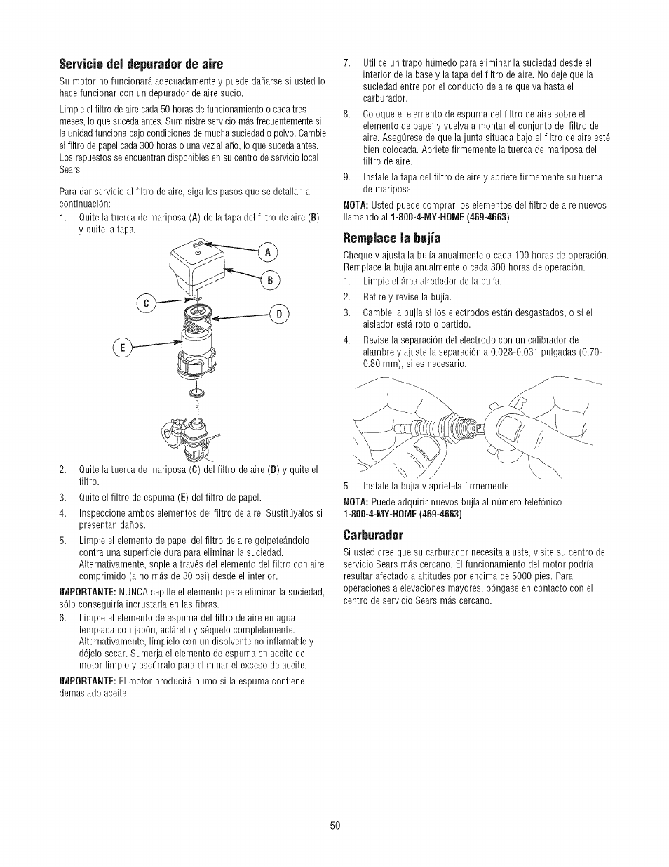 Remplace la bujía, Carburador | Craftsman 580.752300 User Manual | Page 50 / 60