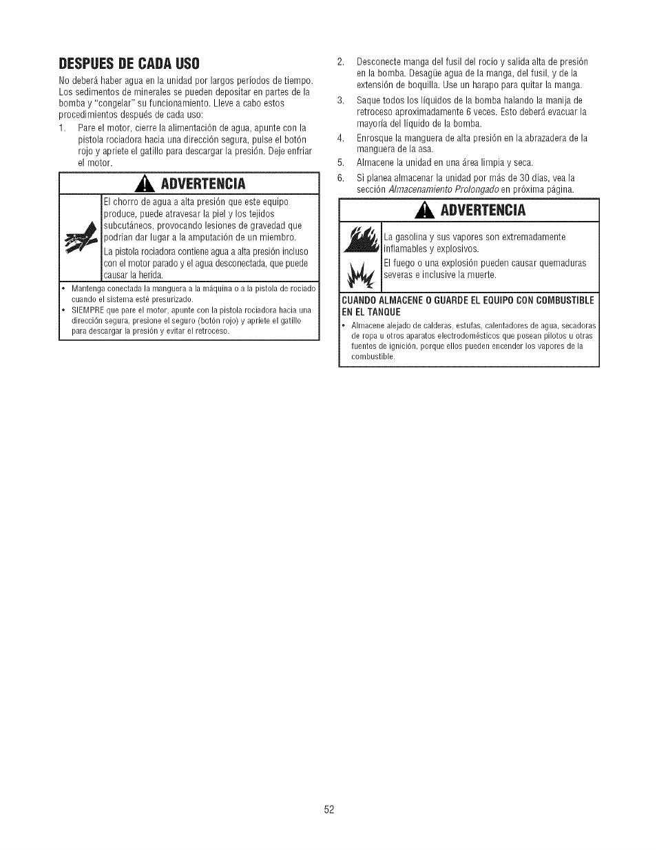 Despues de cada uso, A ad¥ertencia, Advertencia | Craftsman 580.752300 User Manual | Page 52 / 60