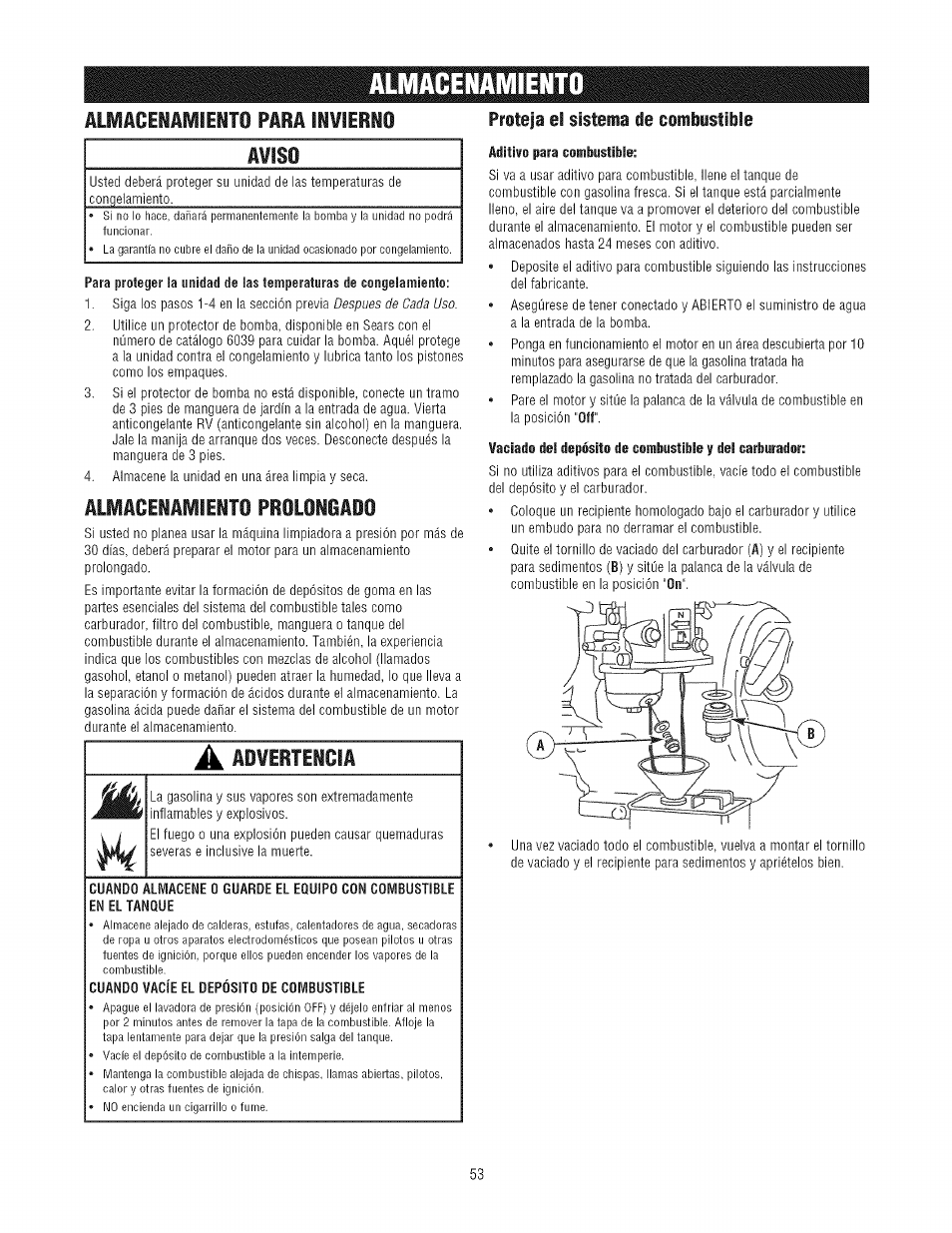 Almacenamiento para in¥ierno, A¥iso, Almacenamiento prolongado | A adwertencia, Proteja el sistema de oombustible | Craftsman 580.752300 User Manual | Page 53 / 60