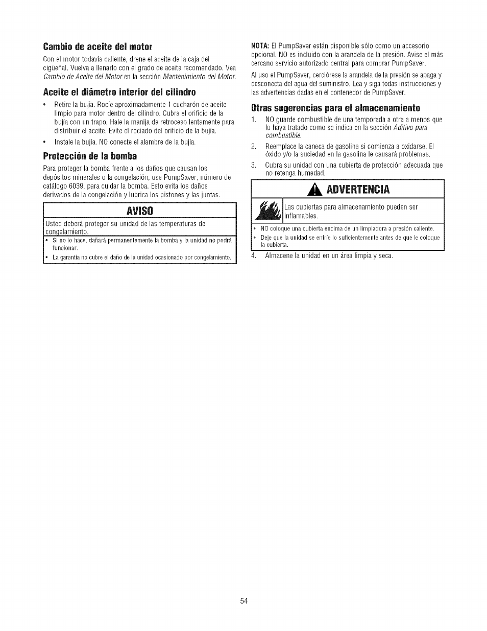 Aviso, Cambín lie aceite del mntnr, Aceite el diámetro liiterior dei oilinciro | Protecolón de la bomba, Otras sugerencias para el almacenemleritii | Craftsman 580.752300 User Manual | Page 54 / 60