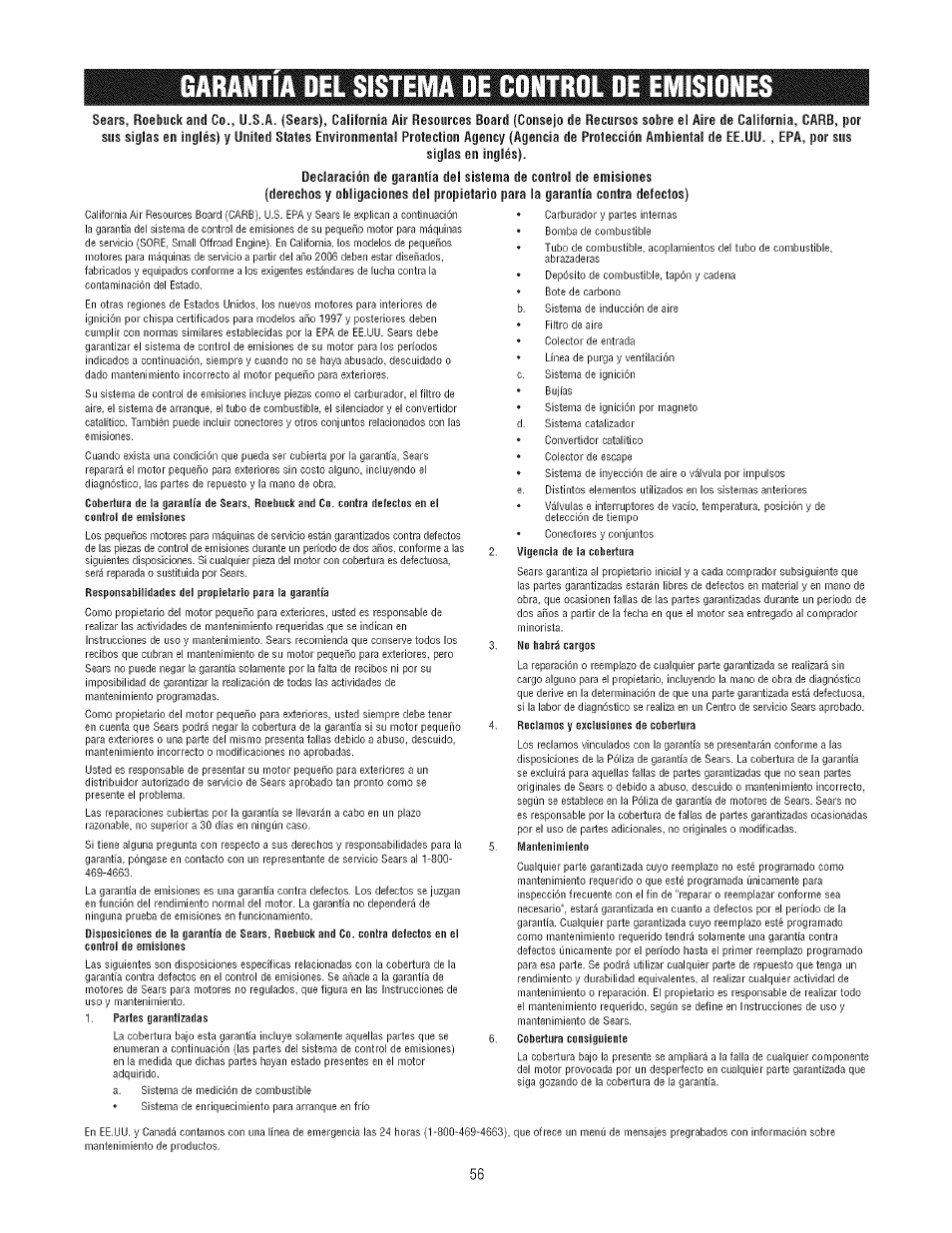 Garantia del sistema de cdntrol de emisidnes | Craftsman 580.752300 User Manual | Page 56 / 60