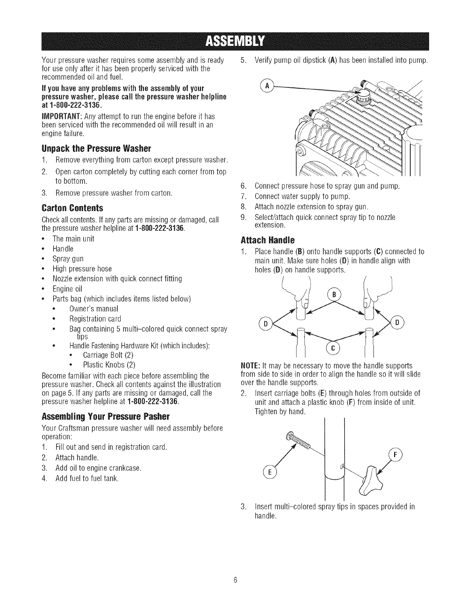 Unpack the pressure washer, Carton contents, Assembling your pressure pasher | Attach handle | Craftsman 580.752300 User Manual | Page 6 / 60