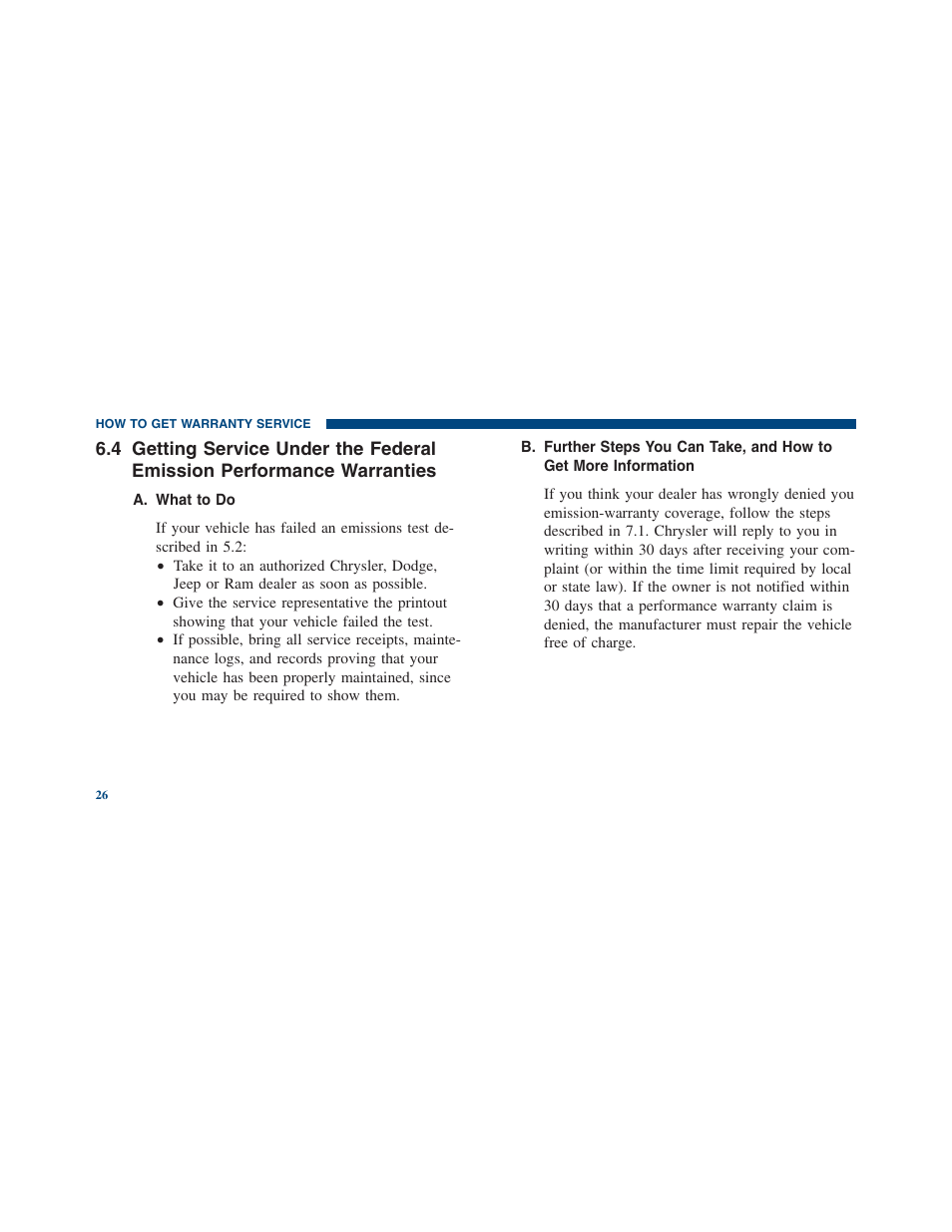 Getting service under the federal emission, Performance warranties | Ram Trucks 2013 С/V - Warranty Manual User Manual | Page 28 / 44