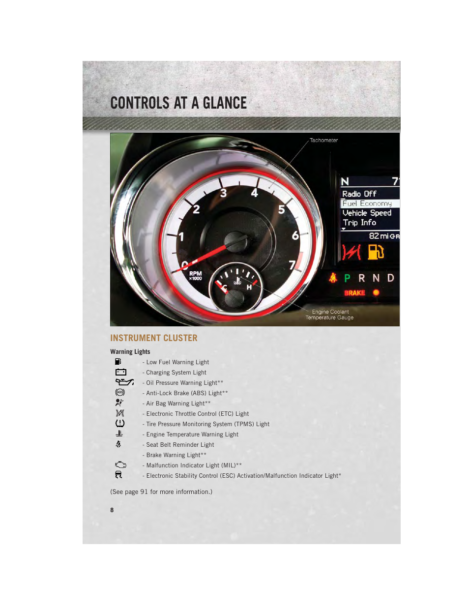 Instrument cluster, Warning lights, Controls at a glance | Ram Trucks 2013 С/V - User Guide User Manual | Page 10 / 140