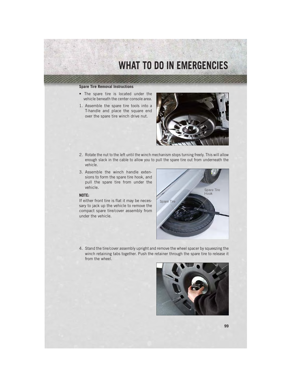 Spare tire removal instructions, What to do in emergencies | Ram Trucks 2013 С/V - User Guide User Manual | Page 101 / 140