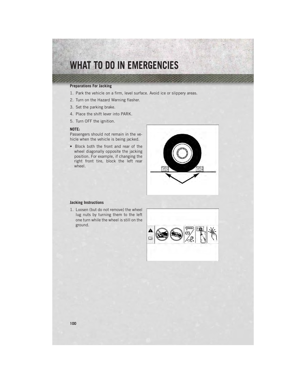 Preparations for jacking, Jacking instructions, What to do in emergencies | Ram Trucks 2013 С/V - User Guide User Manual | Page 102 / 140