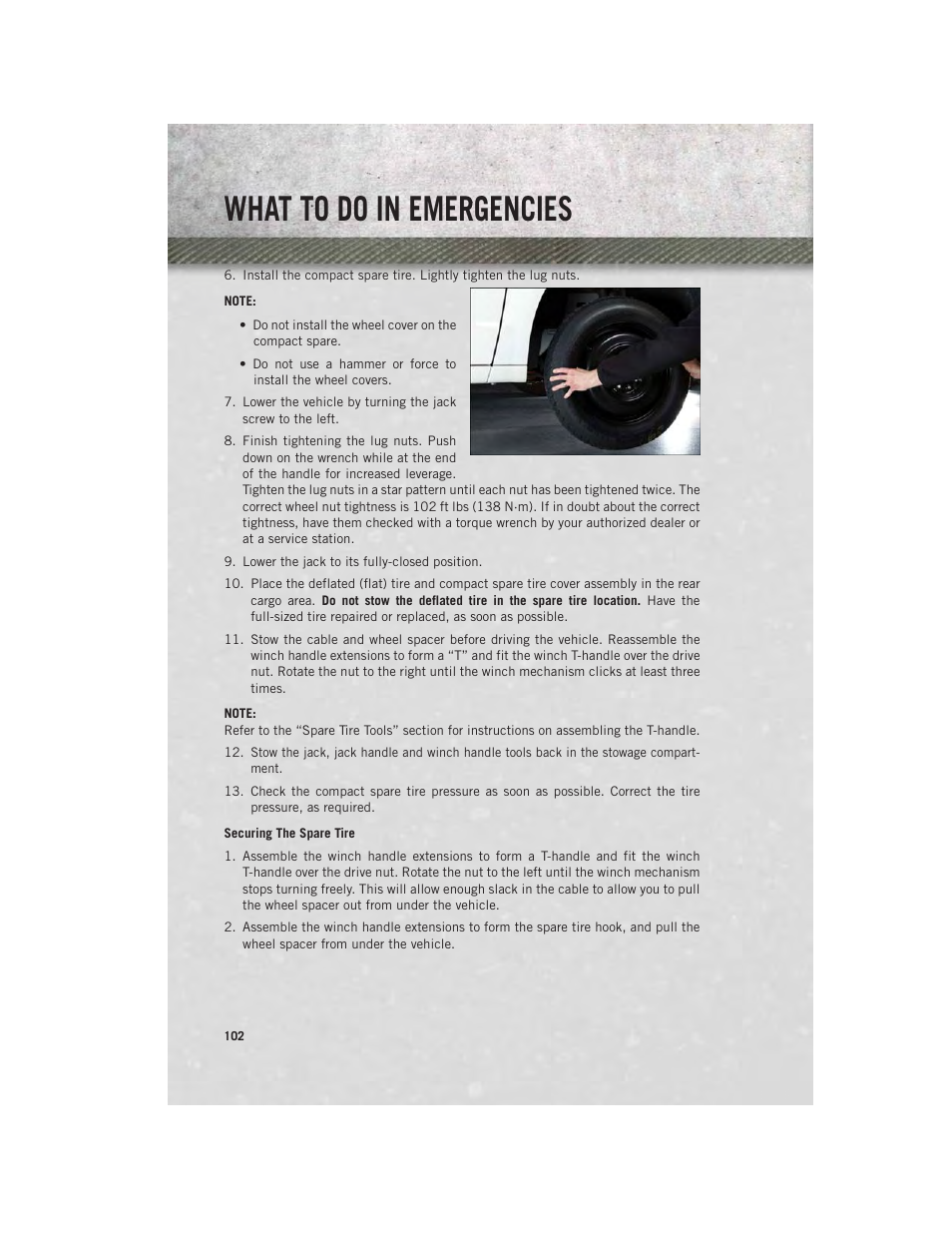 Securing the spare tire, What to do in emergencies | Ram Trucks 2013 С/V - User Guide User Manual | Page 104 / 140