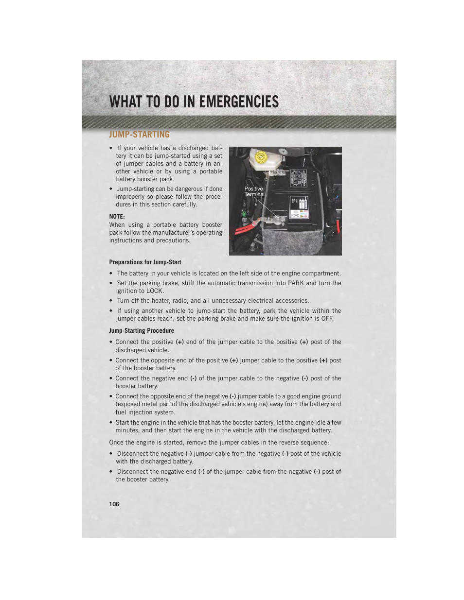 Jump-starting, Preparations for jump-start, Jump-starting procedure | What to do in emergencies | Ram Trucks 2013 С/V - User Guide User Manual | Page 108 / 140