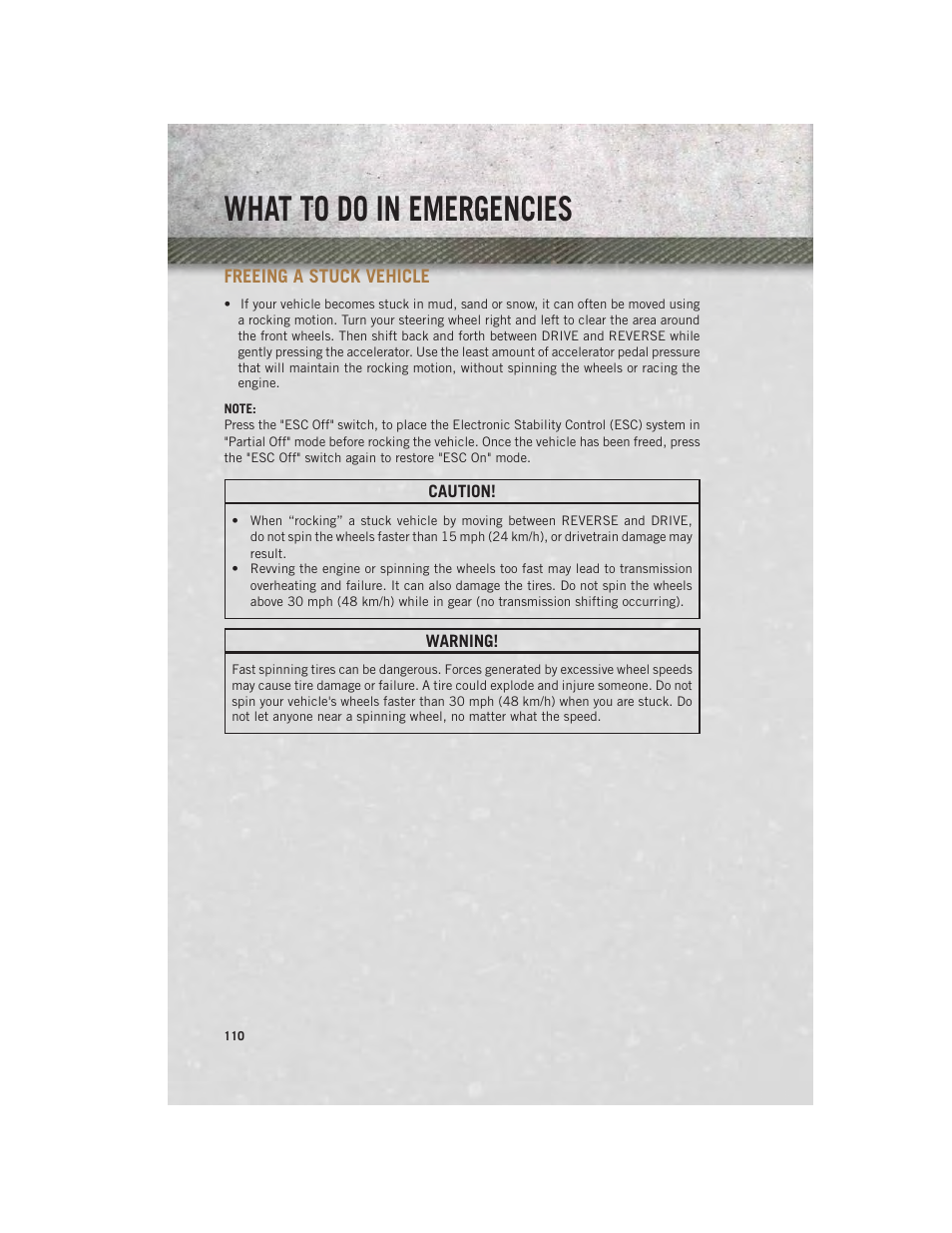 Freeing a stuck vehicle, What to do in emergencies | Ram Trucks 2013 С/V - User Guide User Manual | Page 112 / 140