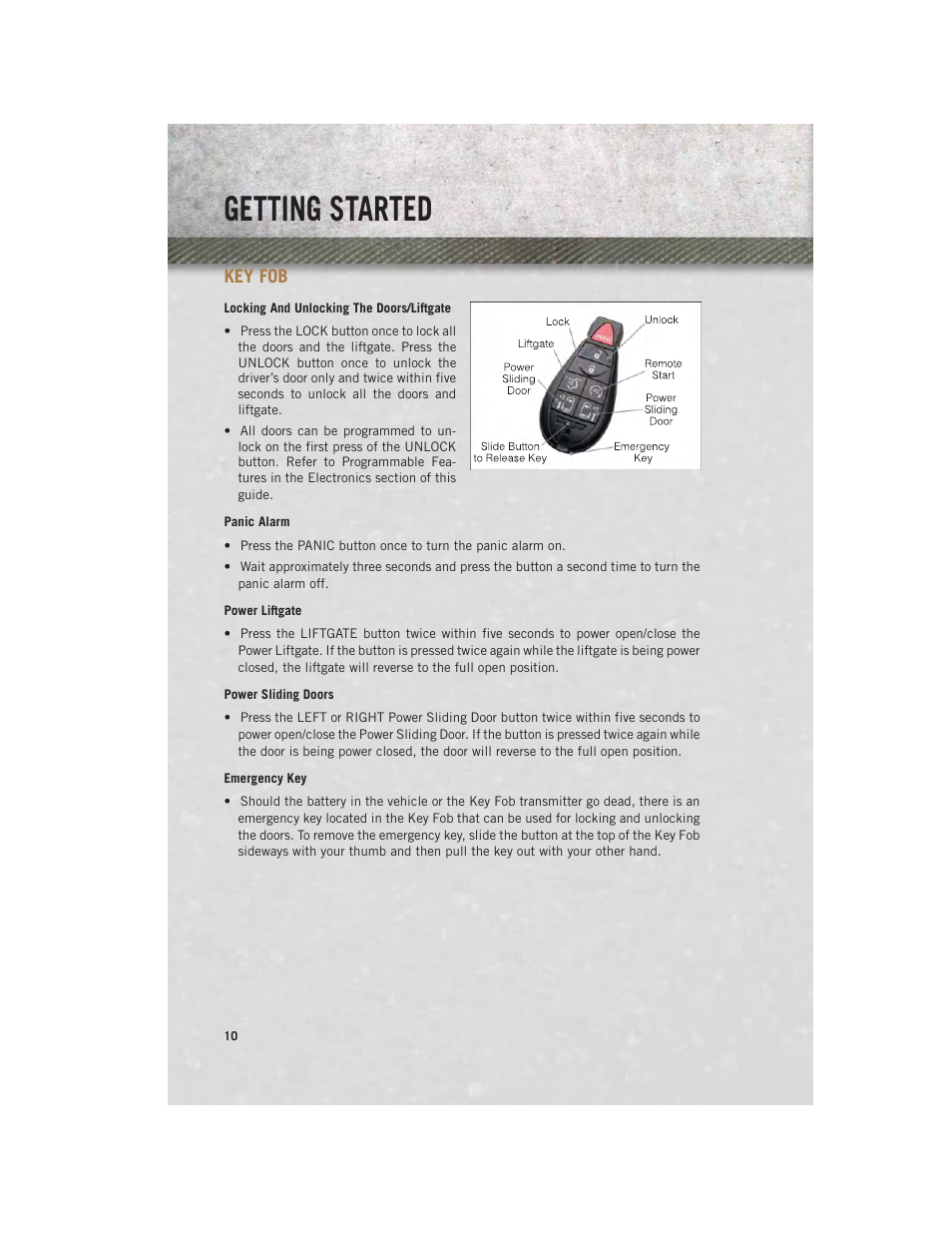 Getting started, Key fob, Locking and unlocking the doors/liftgate | Panic alarm, Power liftgate, Power sliding doors, Emergency key | Ram Trucks 2013 С/V - User Guide User Manual | Page 12 / 140