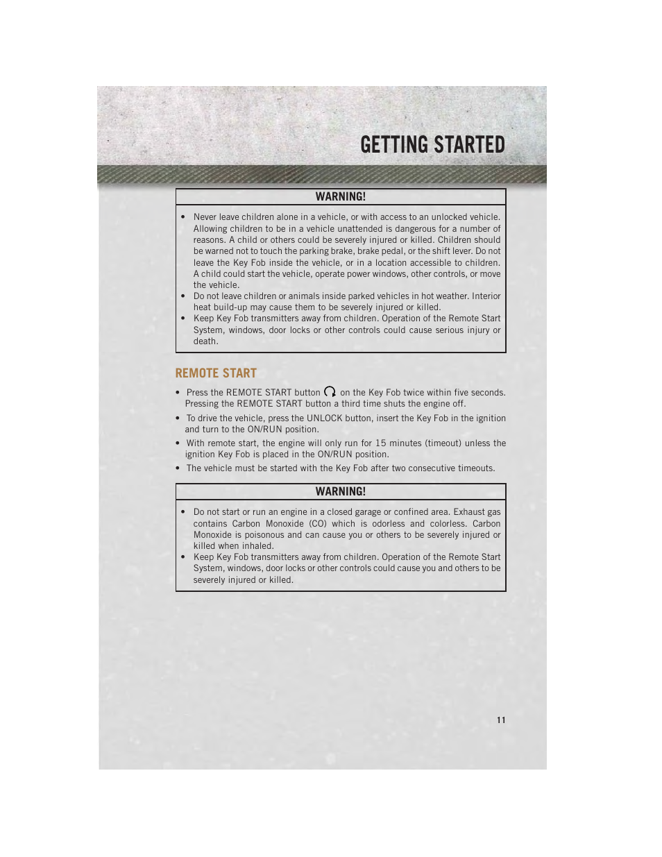 Remote start, Getting started | Ram Trucks 2013 С/V - User Guide User Manual | Page 13 / 140