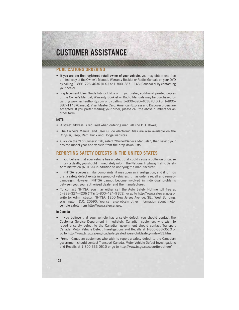 Publications ordering, Reporting safety defects in the united states, In canada | Customer assistance | Ram Trucks 2013 С/V - User Guide User Manual | Page 130 / 140