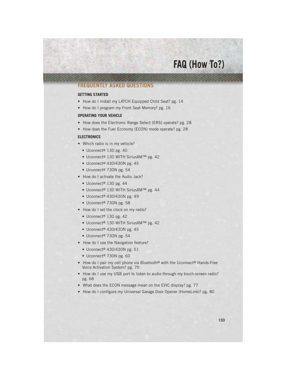 Faq (how to?), Frequently asked questions | Ram Trucks 2013 С/V - User Guide User Manual | Page 135 / 140