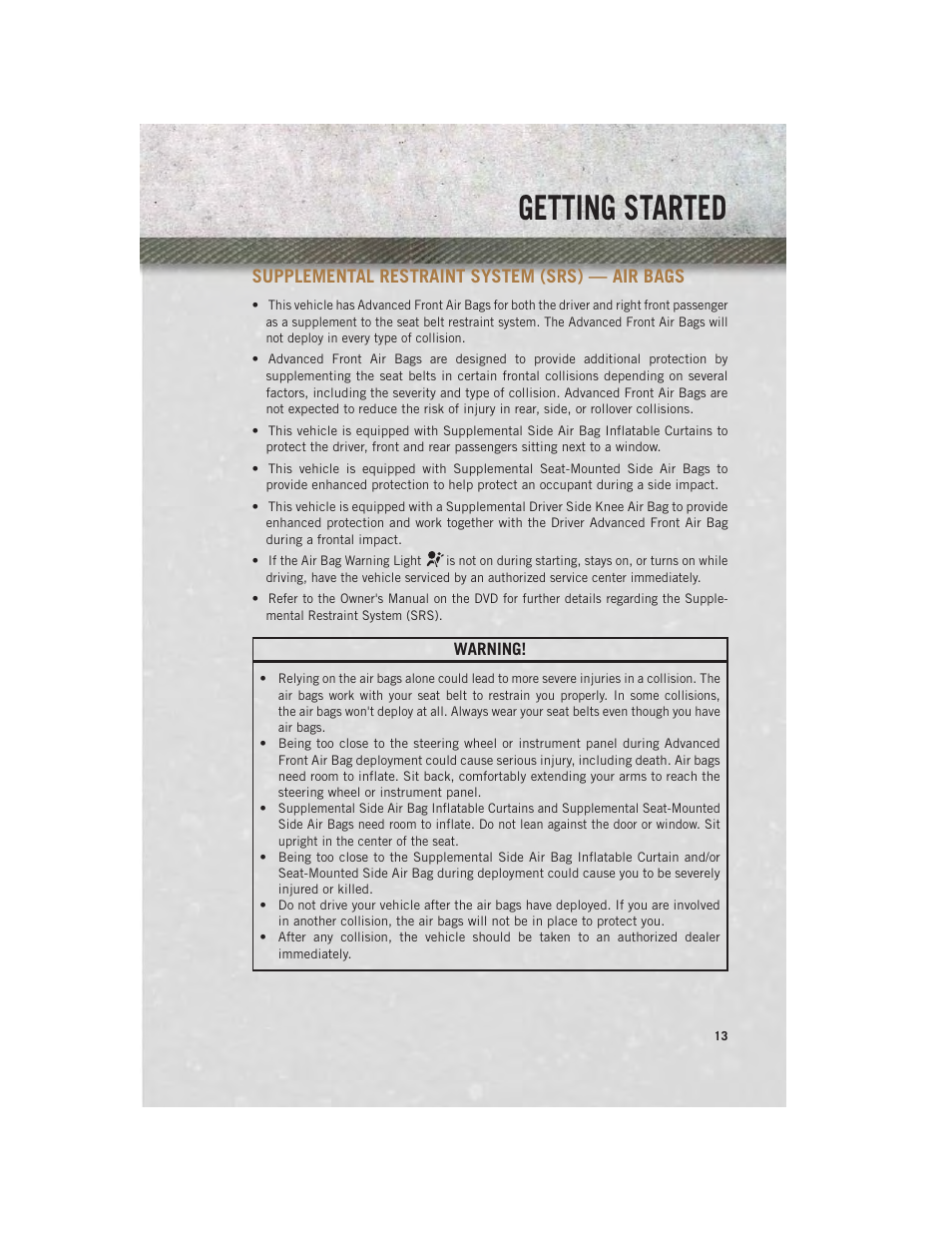 Supplemental restraint system (srs) — air bags, Getting started | Ram Trucks 2013 С/V - User Guide User Manual | Page 15 / 140