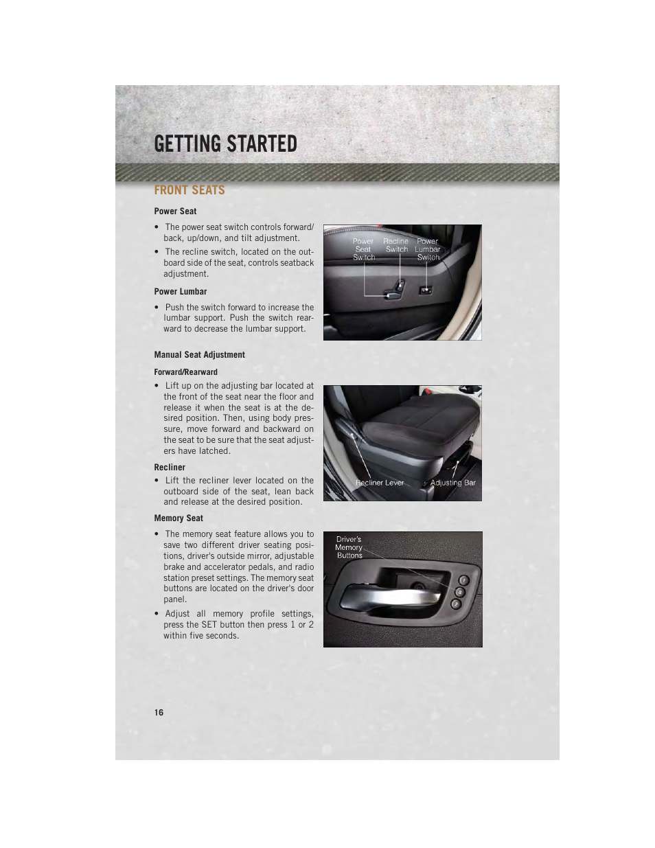 Front seats, Power seat, Power lumbar | Manual seat adjustment, Memory seat, Getting started | Ram Trucks 2013 С/V - User Guide User Manual | Page 18 / 140