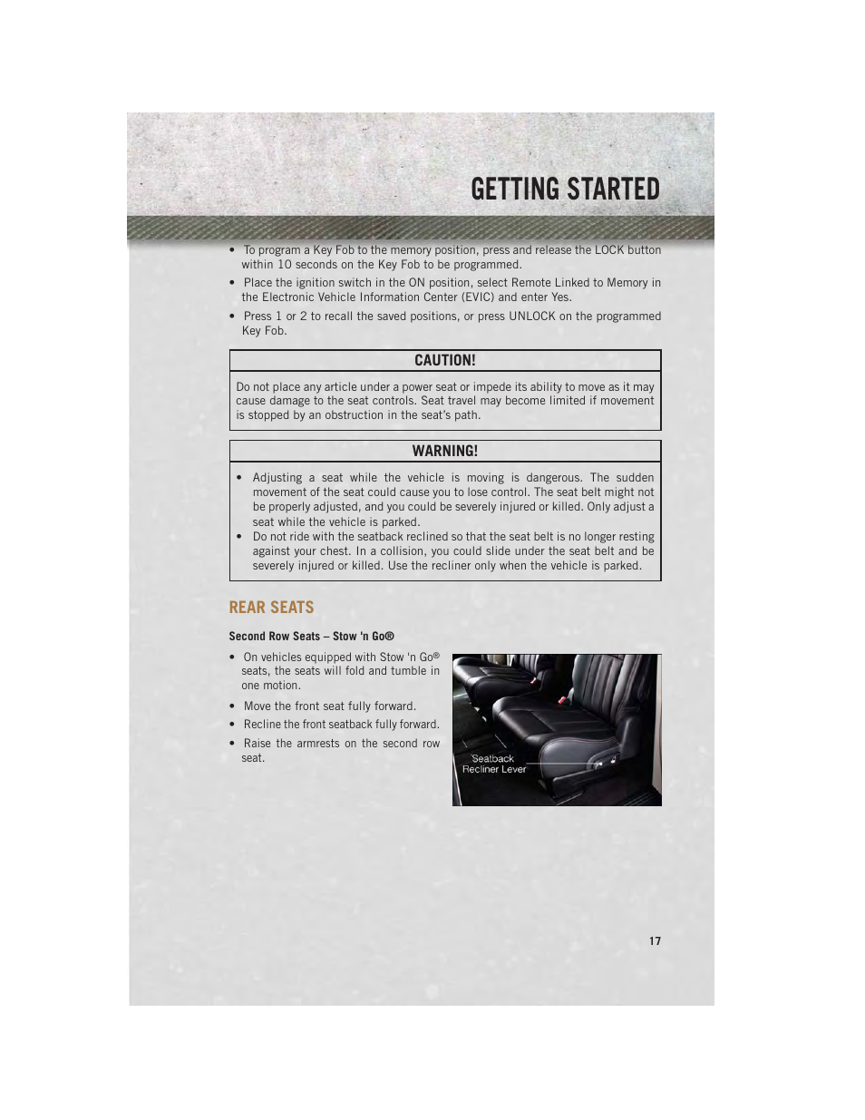 Rear seats, Second row seats – stow 'n go, Getting started | Ram Trucks 2013 С/V - User Guide User Manual | Page 19 / 140