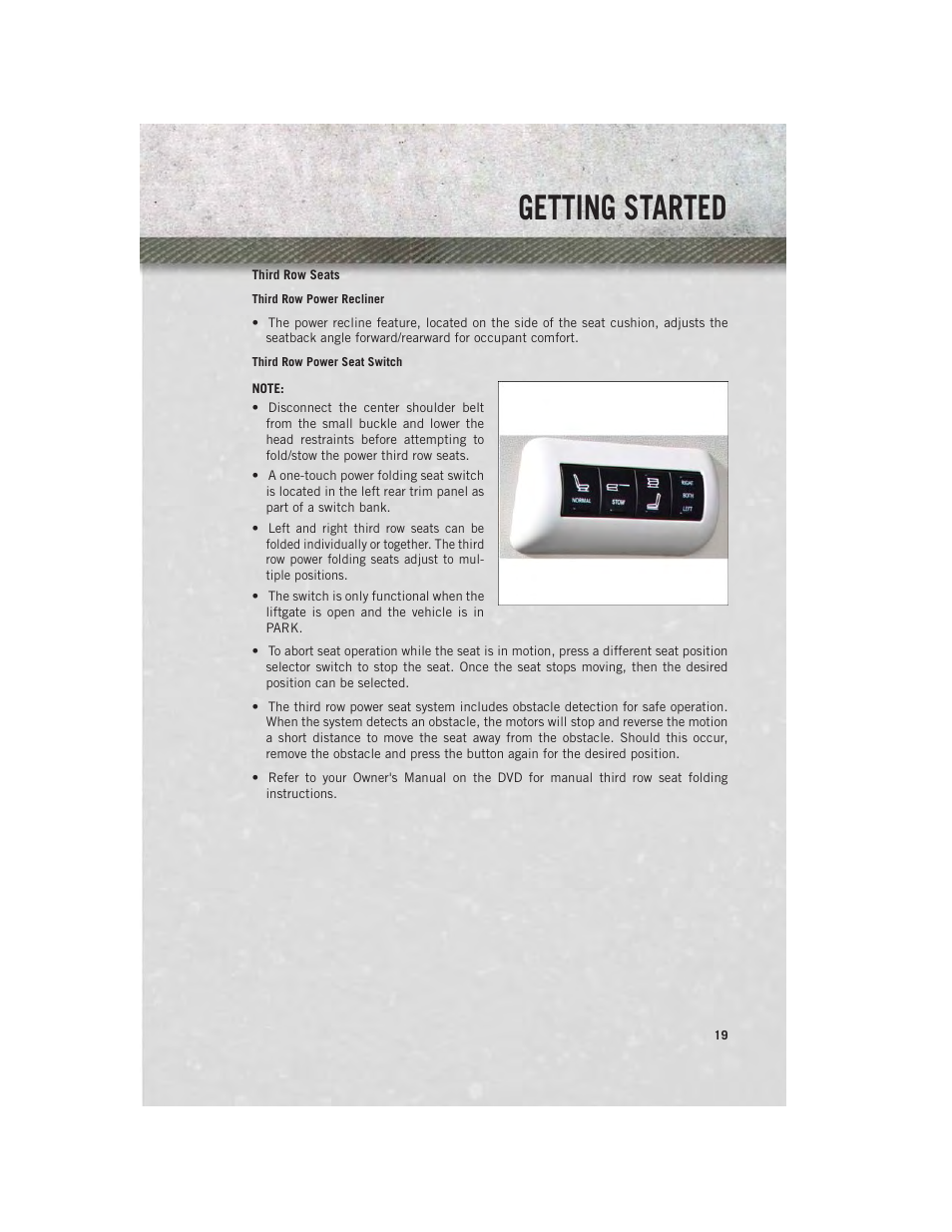 Third row seats, Getting started | Ram Trucks 2013 С/V - User Guide User Manual | Page 21 / 140