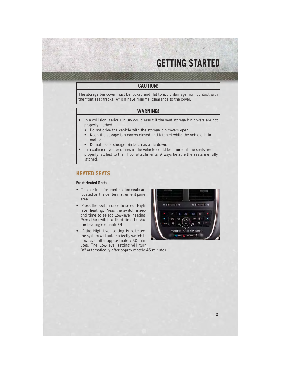 Heated seats, Front heated seats, Getting started | Ram Trucks 2013 С/V - User Guide User Manual | Page 23 / 140