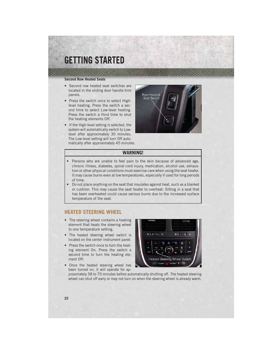 Second row heated seats, Heated steering wheel, Getting started | Ram Trucks 2013 С/V - User Guide User Manual | Page 24 / 140