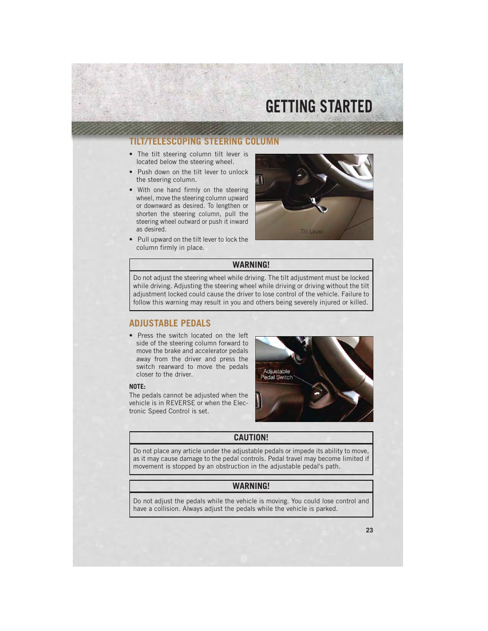 Tilt/telescoping steering column, Adjustable pedals, Getting started | Ram Trucks 2013 С/V - User Guide User Manual | Page 25 / 140