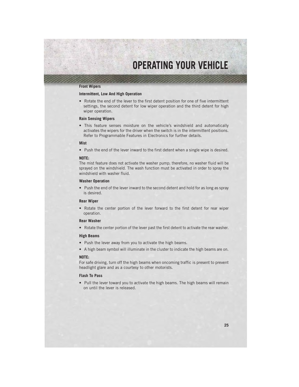 Front wipers, Rear wiper, High beams | Flash to pass, Operating your vehicle | Ram Trucks 2013 С/V - User Guide User Manual | Page 27 / 140