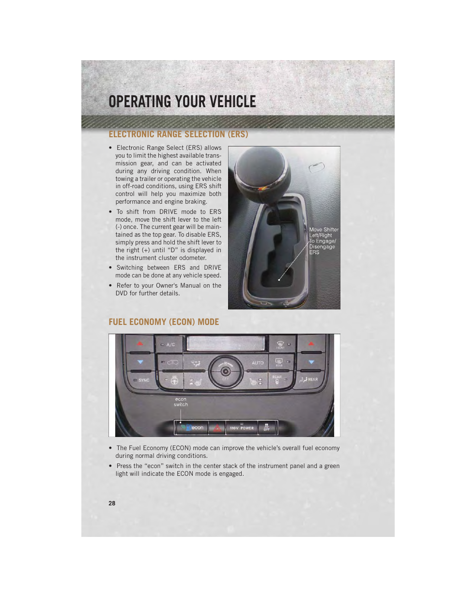 Electronic range selection (ers), Fuel economy (econ) mode, Operating your vehicle | Ram Trucks 2013 С/V - User Guide User Manual | Page 30 / 140