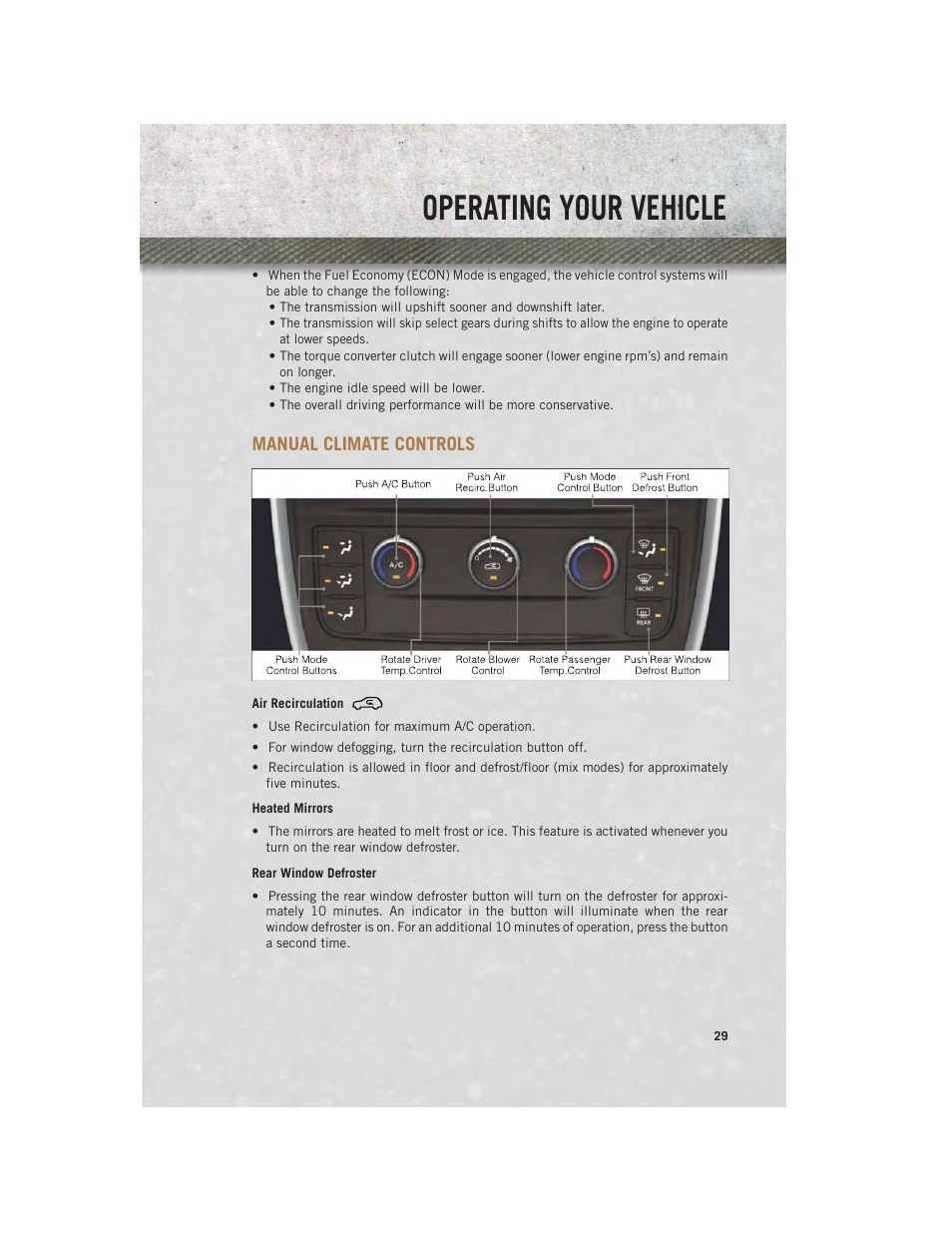 Manual climate controls, Air recirculation, Heated mirrors | Rear window defroster, Operating your vehicle | Ram Trucks 2013 С/V - User Guide User Manual | Page 31 / 140