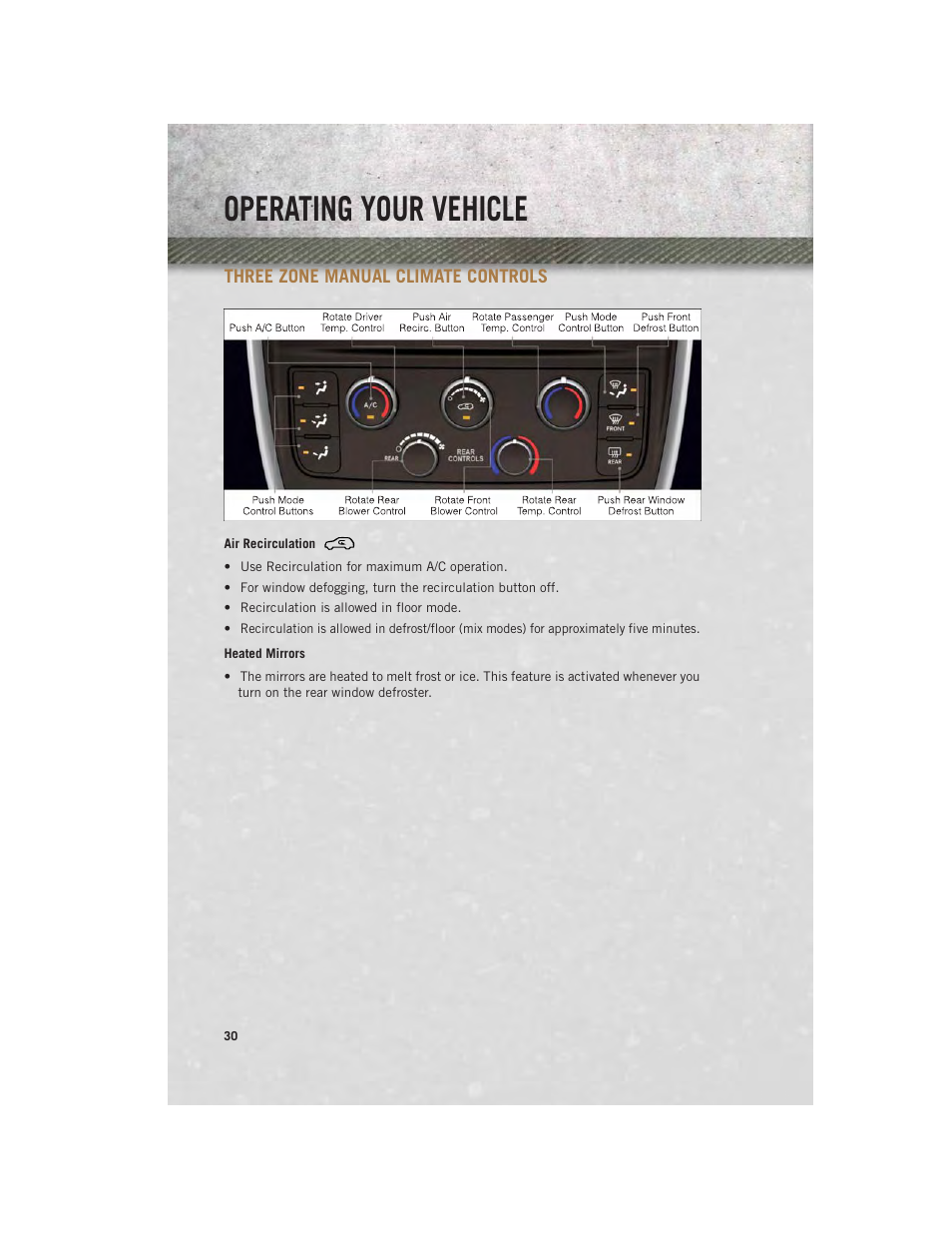 Three zone manual climate controls, Air recirculation, Heated mirrors | Operating your vehicle | Ram Trucks 2013 С/V - User Guide User Manual | Page 32 / 140