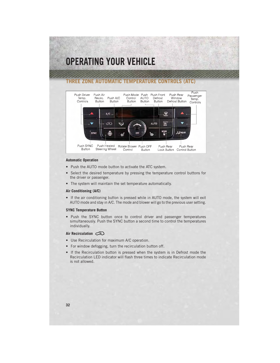 Three zone automatic temperature controls (atc), Automatic operation, Air conditioning (a/c) | Sync temperature button, Air recirculation, Operating your vehicle | Ram Trucks 2013 С/V - User Guide User Manual | Page 34 / 140