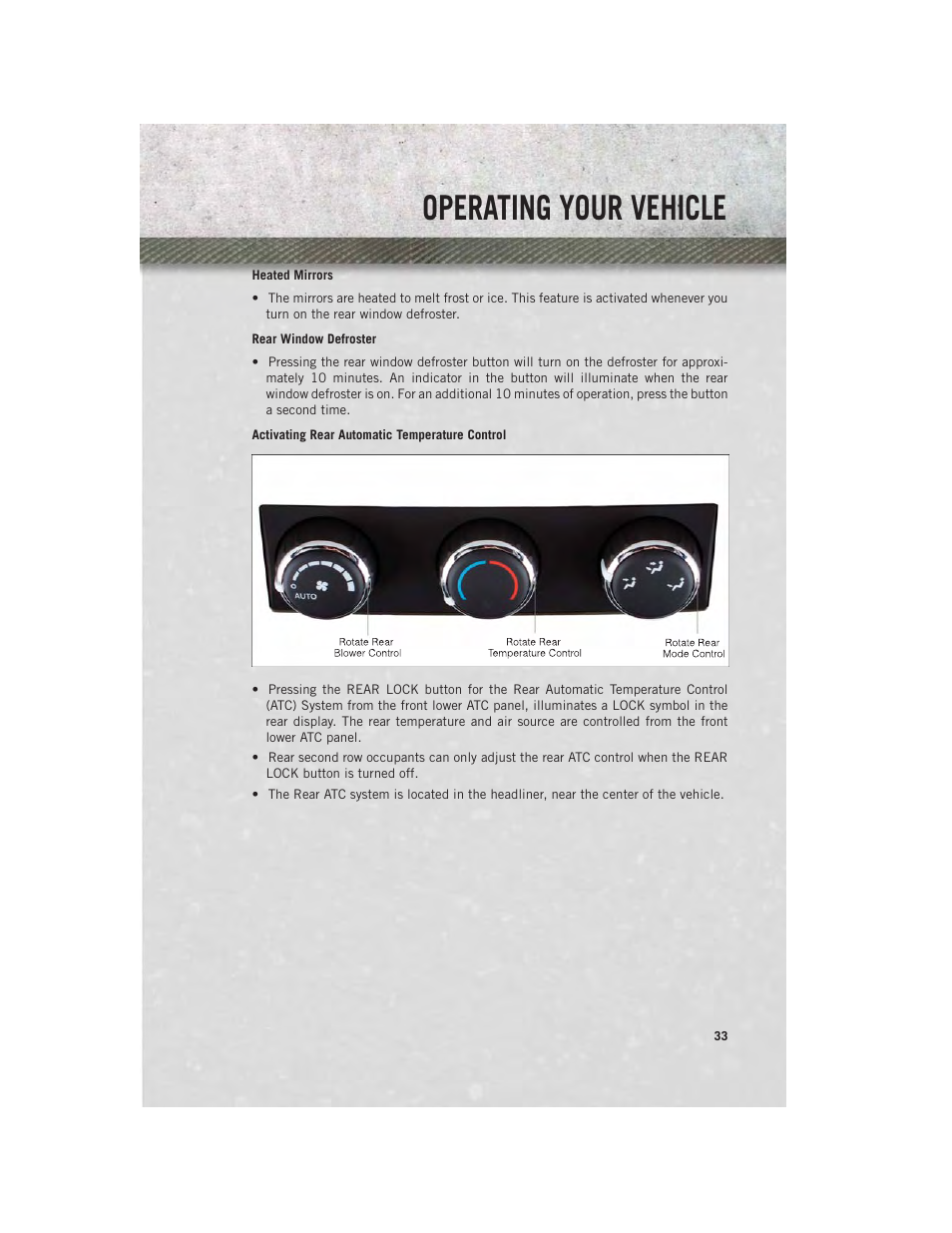 Heated mirrors, Rear window defroster, Activating rear automatic temperature control | Operating your vehicle | Ram Trucks 2013 С/V - User Guide User Manual | Page 35 / 140